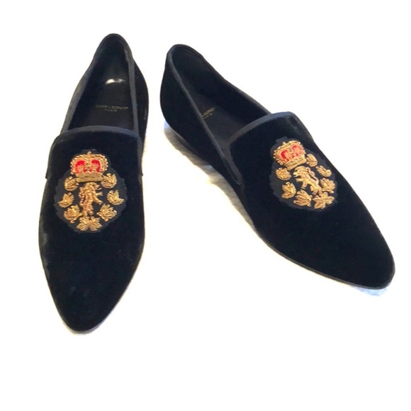 Saint Laurent Men’s Crest Venetian   Embroidered Black Velvet Loafers Saint Laurent Crest Venetian DEVON 25 Loafers NWT main image 2